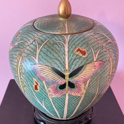 LOT 122: Hand Painted Wood Pedestal Column and Butterfly Themed Ginger Jar with Base