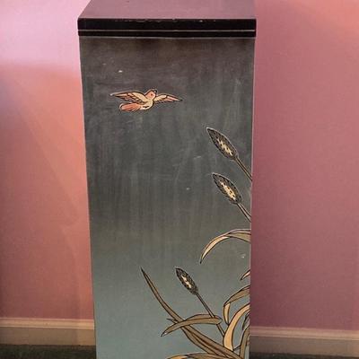 LOT 122: Hand Painted Wood Pedestal Column and Butterfly Themed Ginger Jar with Base