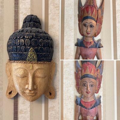 LOT 125: Sculptured Carved Wood Collection - Buddha Mask and Two Balinese Mermaid Goddesses