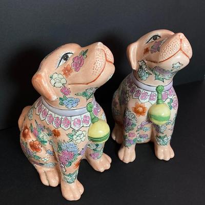 LOT 130: Pair of Colorful Asian Floral Painted Dog Sculptures