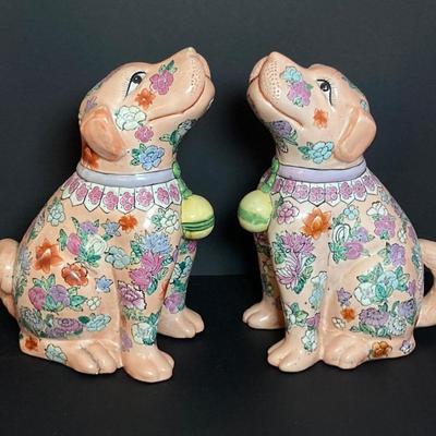 LOT 130: Pair of Colorful Asian Floral Painted Dog Sculptures