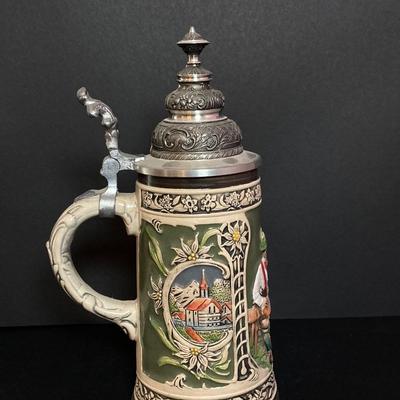 LOT 133: Limited Edition Tyrolean-Tankard German Stein and Three Framed Old World Tiles