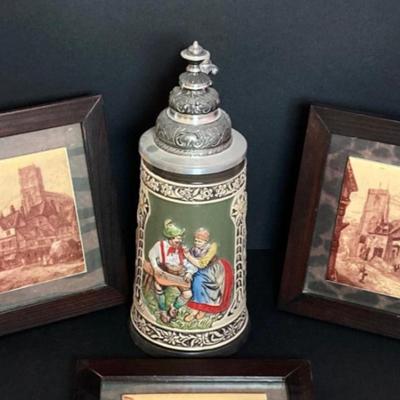 LOT 133: Limited Edition Tyrolean-Tankard German Stein and Three Framed Old World Tiles