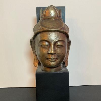 LOT 135: Bombay Company Bronze Buddha Head Statues and Decorative Bottled Flower