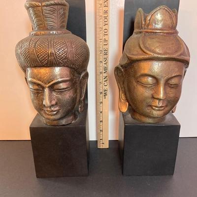 LOT 135: Bombay Company Bronze Buddha Head Statues and Decorative Bottled Flower