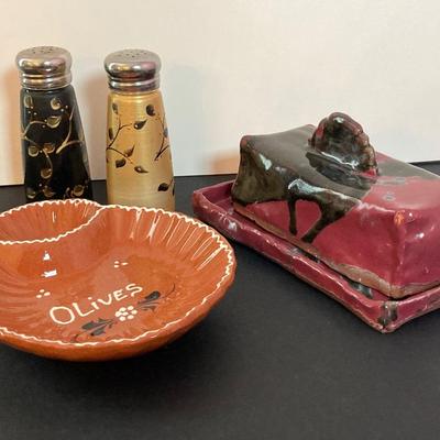 LOT 139: Collection of Pottery - Signed Bruce Erdman, Butter and Olive Dishes, Salt and Pepper Shakers and More