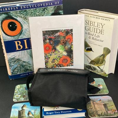 LOT 146: Bird Themed Collection - Painting by Artist Enzhao Liu, Bird Books, Coasters and Celestron Binoculars