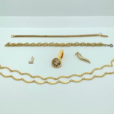 LOT 155: Gold Tone Jewelry Collection - Bracelets, Charms, Necklace and More