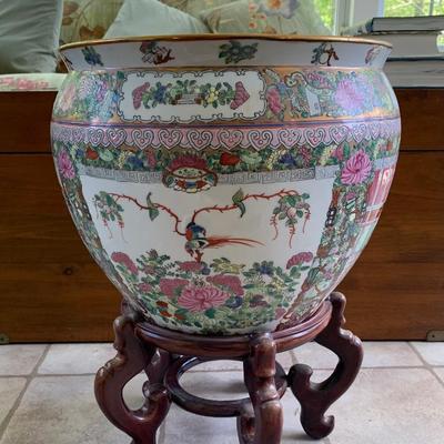 LOT 170: Large Koi Fishbowl/Jardiniere Planter on Wooden Stand