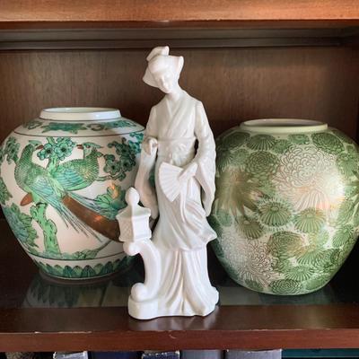 LOT 171: White Porcelain Geisha Figurine, Vintage Porcelain Ginger Jar w/Pheasant Bird & Vintage Chrysanthemum Porcelain Jar