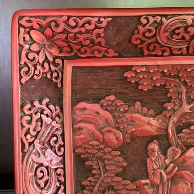 LOT 174: Vintage Shiwan Glazed Mud Man Pottery Figurine, Vintage Carved Cinnabar Small Tray & Imari Style Porcelain Plate