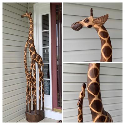 LOT 175: Store Display Wood Art Statues of Mother Giraffe & Baby: 6' 5