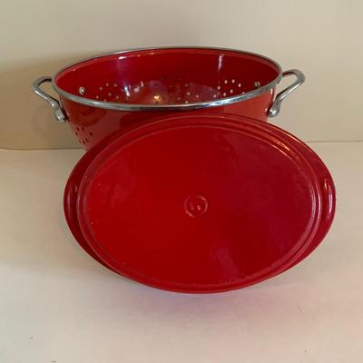 LOT 179: Red Enamel Cast Iron Cookware & Red Metal Colander