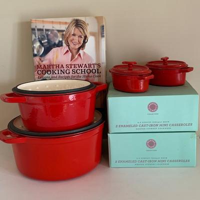 LOT 180: Martha Stewart Collection: Red Enamel Cast Iron Cookware & Mini Lidded Casseroles & 2 New In Package Enamel Mini Casseroles