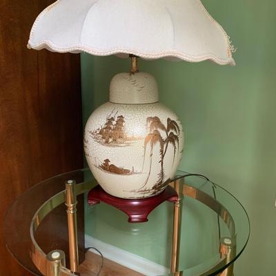 LOT 190: Crackle Glaze & w/Gold Asian Inspired Scenery Table Lamp