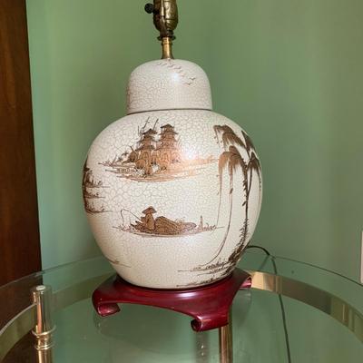 LOT 190: Crackle Glaze & w/Gold Asian Inspired Scenery Table Lamp