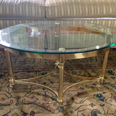 LOT 191: Set of 3 Brass & Glass Table: Round End Table, Square End Table & Coffee Table