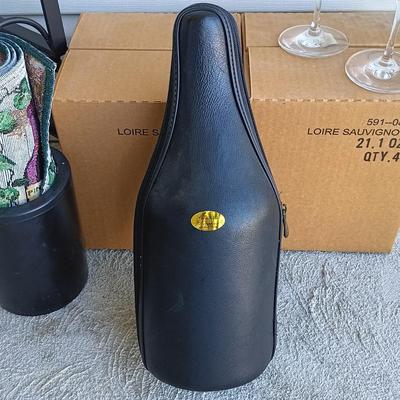 LOT 247: Wine Night - Stackable Metal Wine Rack w/ Schott Zwiesel Wine Glasses, Leather Wine Bottle Case & More