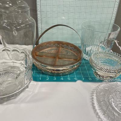 Pink glass serving tray and 5 clear glass items