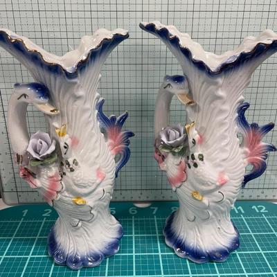 Pair of vintage swan porcelain vases