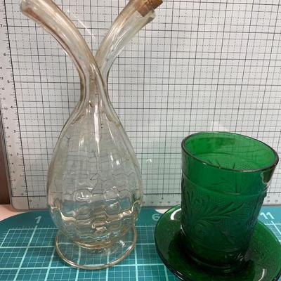 Carnival glass, green glass, bells and decanter
