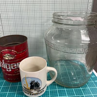Vintage jar, Folgers can and ND mug