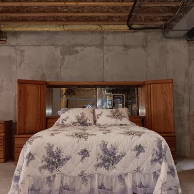 Collectible Wambold Fine Furniture Solid Oak Wood Queen Size Light Up Headboard Bedroom Wall Unit with Mirror Cabinets Sliding Doors...