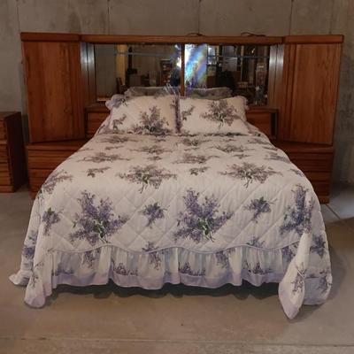 Collectible Wambold Fine Furniture Solid Oak Wood Queen Size Light Up Headboard Bedroom Wall Unit with Mirror Cabinets Sliding Doors...