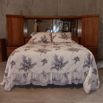 Collectible Wambold Fine Furniture Solid Oak Wood Queen Size Light Up Headboard Bedroom Wall Unit with Mirror Cabinets Sliding Doors...