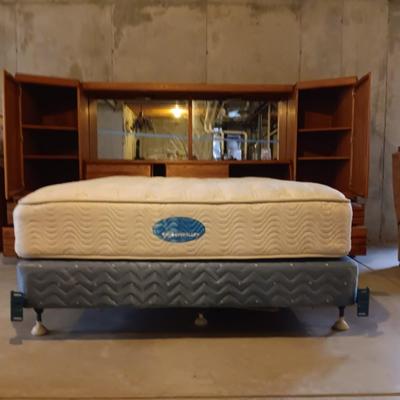Collectible Wambold Fine Furniture Solid Oak Wood Queen Size Light Up Headboard Bedroom Wall Unit with Mirror Cabinets Sliding Doors...