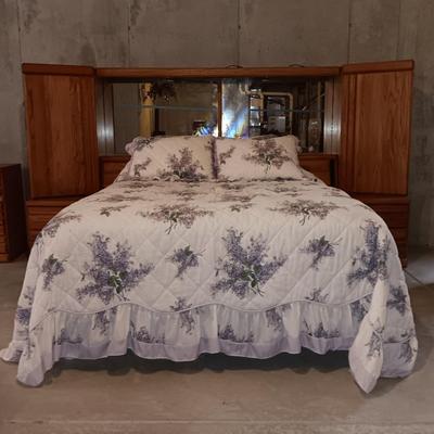 Collectible Wambold Fine Furniture Solid Oak Wood Queen Size Light Up Headboard Bedroom Wall Unit with Mirror Cabinets Sliding Doors...