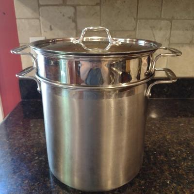 Large, All Clad Stainless Steel Stock Pot with Two Steamer Inserts