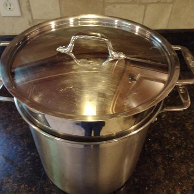Large, All Clad Stainless Steel Stock Pot with Two Steamer Inserts