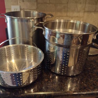 Large, All Clad Stainless Steel Stock Pot with Two Steamer Inserts