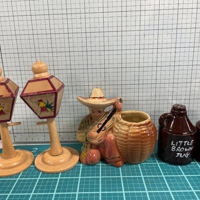 Brown jug & rooster S&P shakers and guy with basket vase