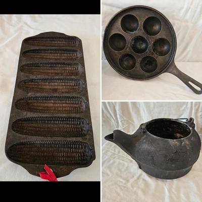 Griswold Aebleskiver Pan & Cornbread Stick Pan with #8 Steam Kettle Cast Iron (K-DW)