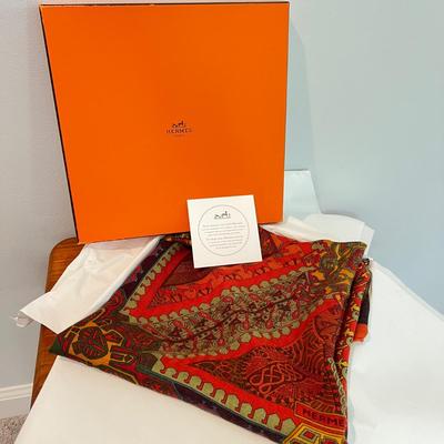 Hermes 54” Square Cashmere Silk Blend Scarf, Box