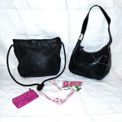 TWO LEATHER AND LEATHER LIKE BLACK PURSES