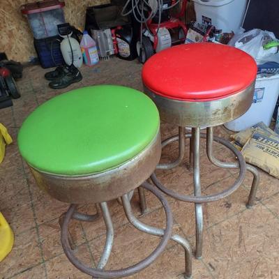 Pair of Chrome Frame Swivel Stools with Upholstered Seat