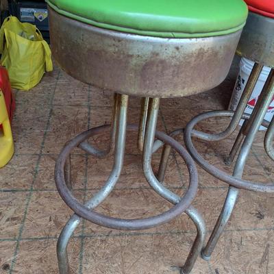 Pair of Chrome Frame Swivel Stools with Upholstered Seat