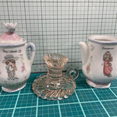 Precious moments mini tea pot set and pink candle holder