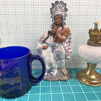 Native america figurine, mug and oil lamp