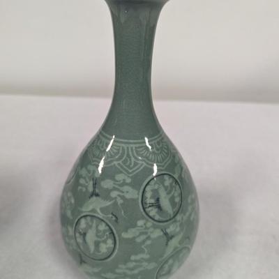 Korean Glazed Vase Clouds Flying Cranes Pattern Crackle Finish Signed