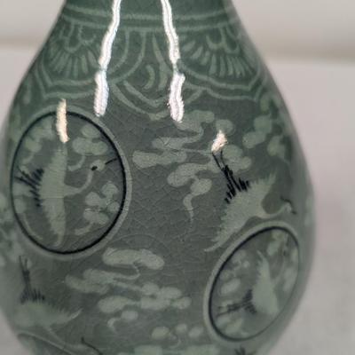 Korean Glazed Vase Clouds Flying Cranes Pattern Crackle Finish Signed