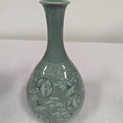 Korean Glazed Vase Clouds Flying Cranes Pattern Crackle Finish Signed