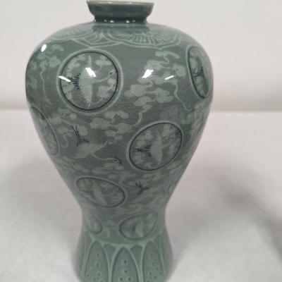 Korean Glazed Vase Clouds Flying Cranes Pattern Crackle Finish Signed