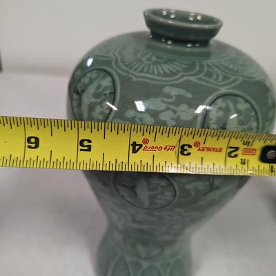 Korean Glazed Vase Clouds Flying Cranes Pattern Crackle Finish Signed