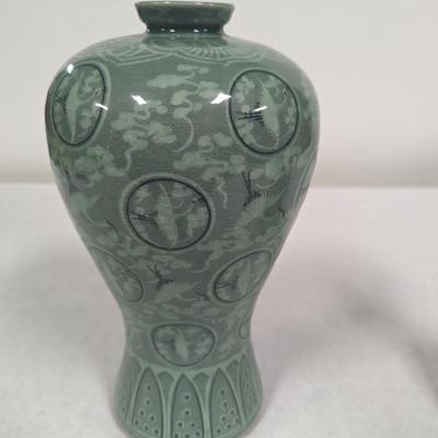 Korean Glazed Vase Clouds Flying Cranes Pattern Crackle Finish Signed