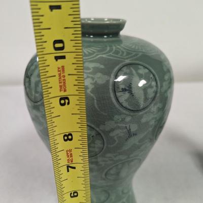 Korean Glazed Vase Clouds Flying Cranes Pattern Crackle Finish Signed