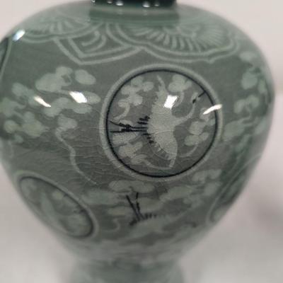 Korean Glazed Vase Clouds Flying Cranes Pattern Crackle Finish Signed